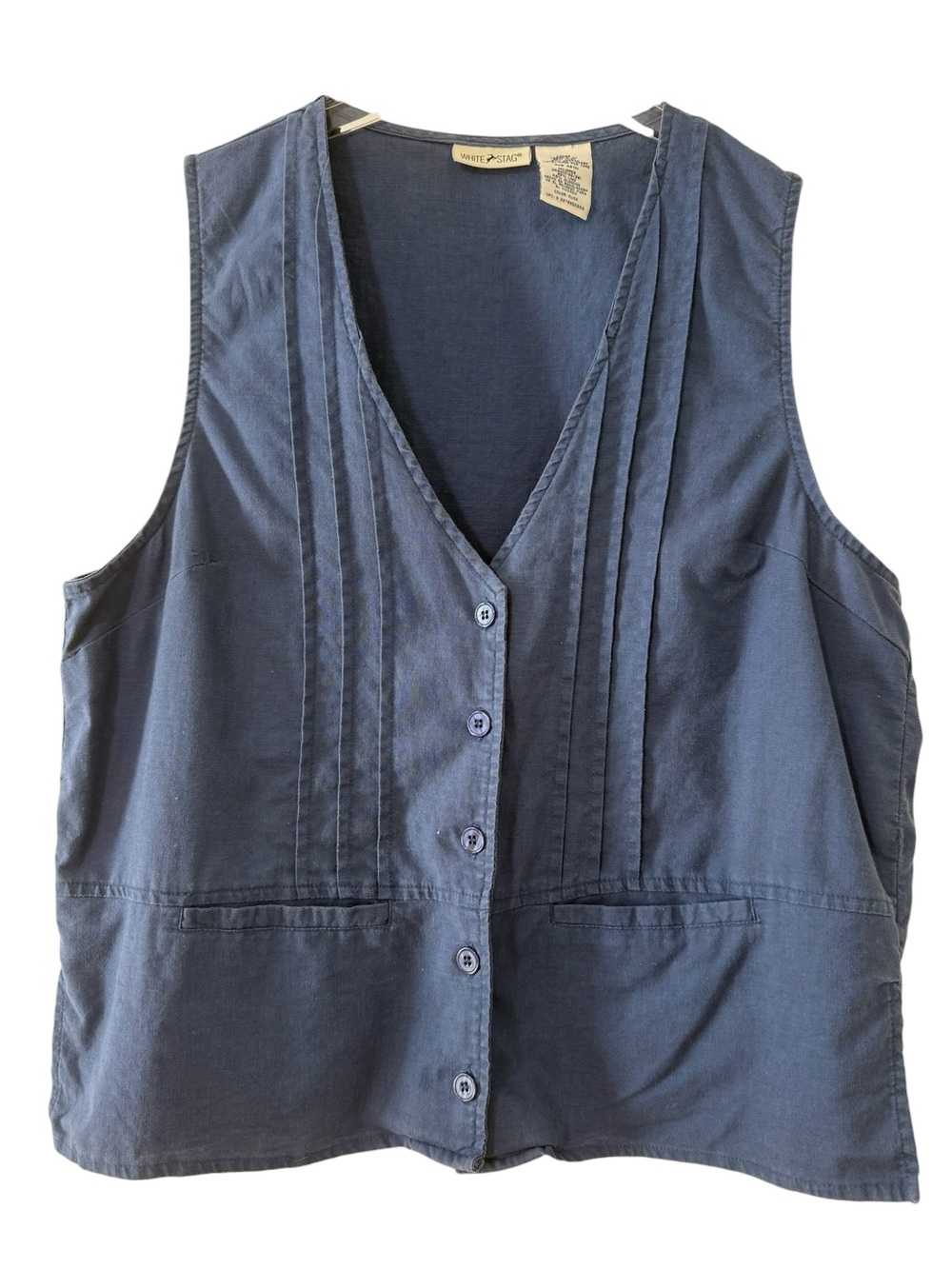 Linen Blend Navy White Stag Button-Front Sleeveless Pintuck Top Vest Size Large
